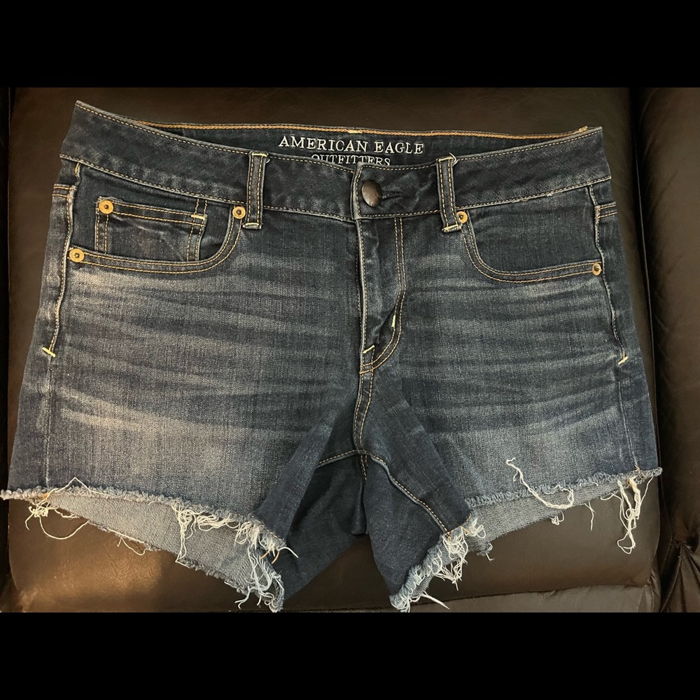 Dark wash American Eagle jean shorts.